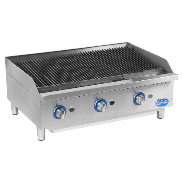 A Globe stainless steel gas charbroiler with blue knobs and a blue handle.