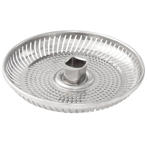 A stainless steel Sunkist strainer with holes.
