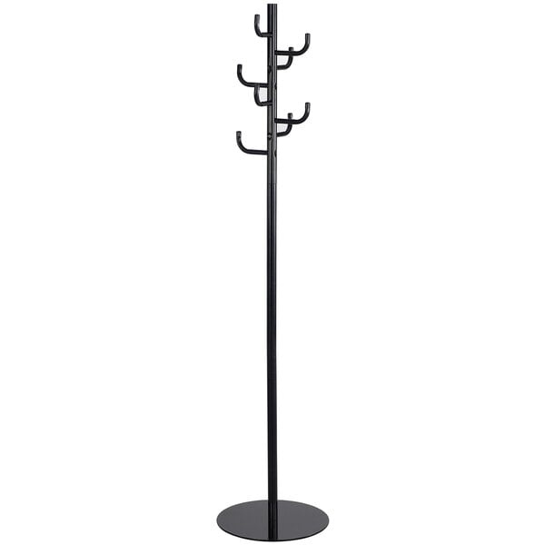 A black Safco steel coat rack with staggered hooks.