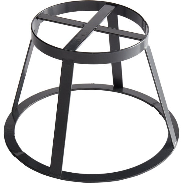 A metal gray round pedestal stand with a cross on top.