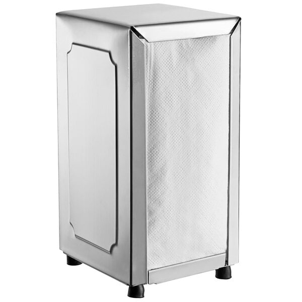 A stainless steel Choice tabletop napkin dispenser with a white surface.