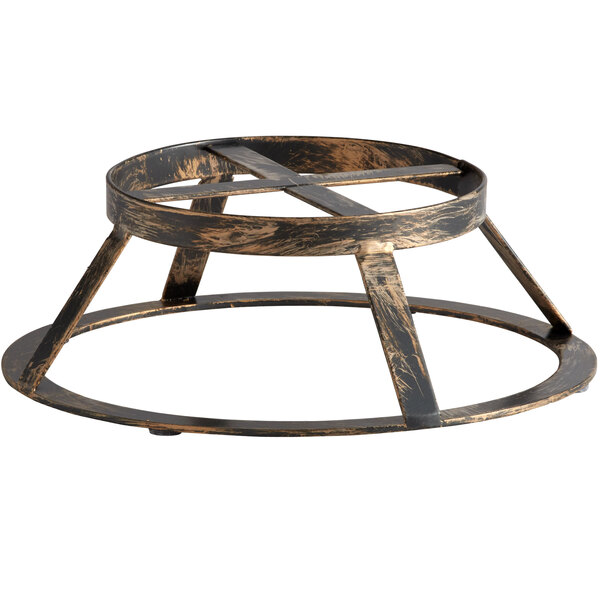 A round metal display stand with a black and gold base.