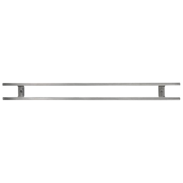 A stainless steel metal bar with two magnetic knife holders.