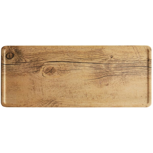 A rectangular melamine display board with a faux oak wood grain finish.