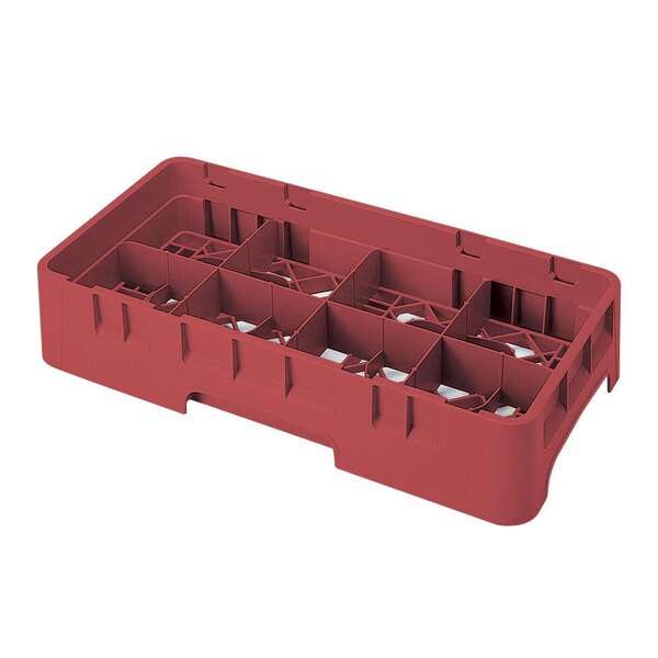 A red plastic container with holes for 8 half size glass racks with 4 extenders.