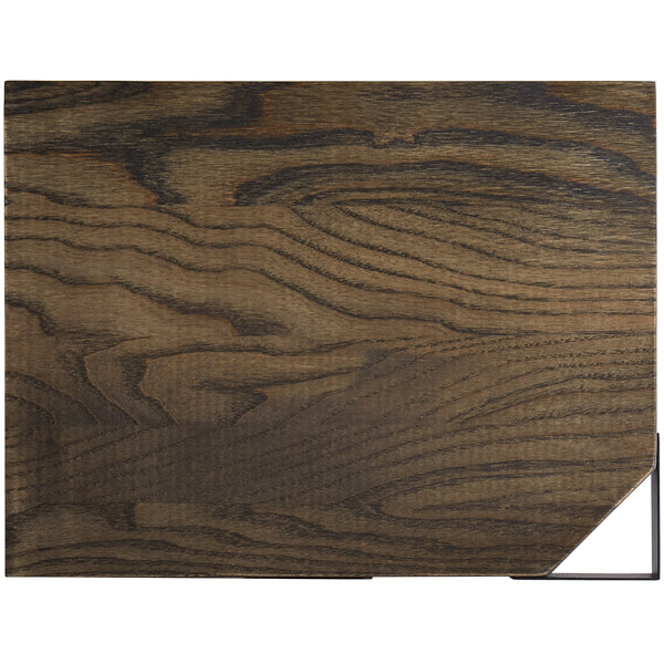 A GET Taproot ash wood serving board with a dark stained wood surface and black metal corners.