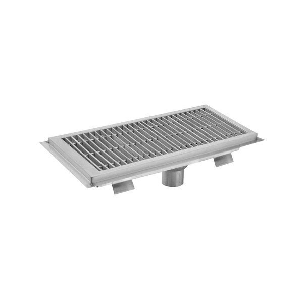 A metal Eagle Group floor trough drain with stainless steel grating.