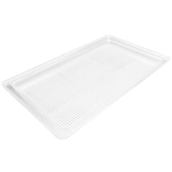A clear plastic rectangular tray with a white border and holes on the bottom.