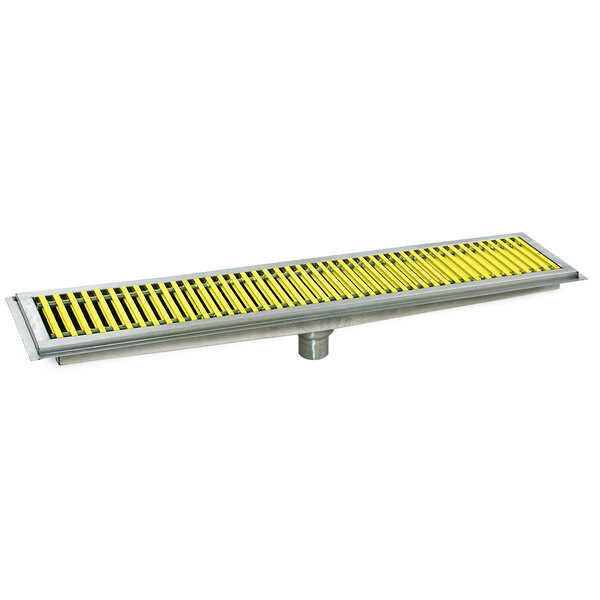 A yellow and grey metal floor trough with yellow fiberglass grating over metal bars.