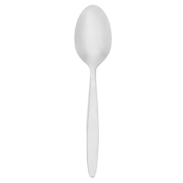 A Walco stainless steel teaspoon with a white handle on a white background.