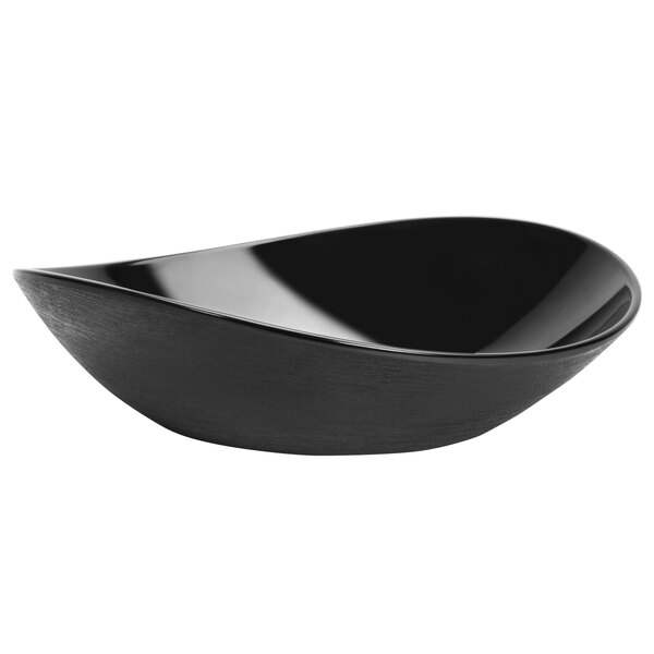 A black Delfin Luna melamine bowl with a curved edge.