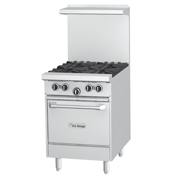 A stainless steel U.S. Range commercial gas range with a manual griddle top and cabinet base.