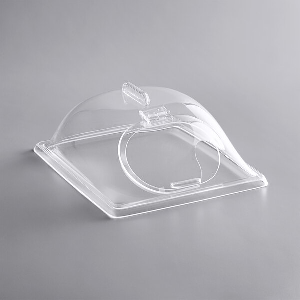A clear rectangular Delfin display dome with a hinged lid.