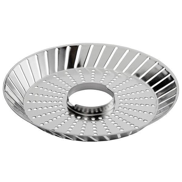 A silver circular strainer with holes in it.