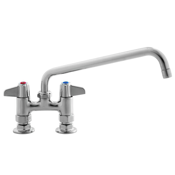 A chrome Equip by T&S deck-mounted faucet with lever handles and a swing spout.