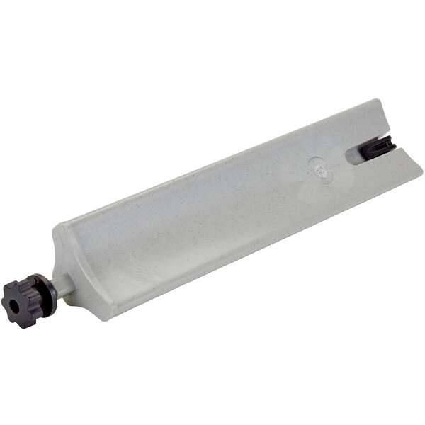 A white rectangular plastic pipe with a black knob.