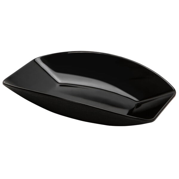 A black rectangular melamine bowl with a curved edge.