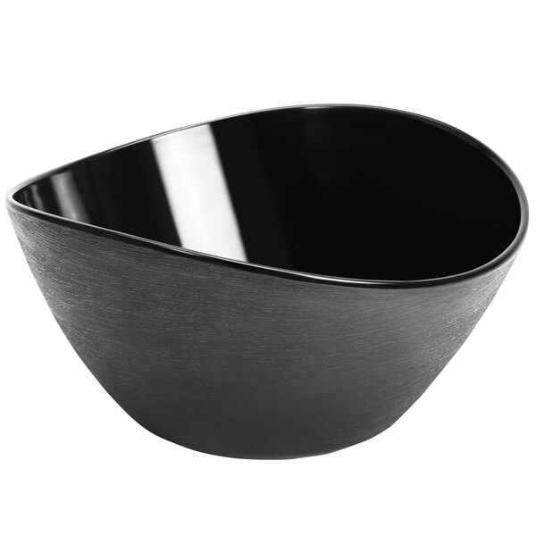 A black Delfin Luna melamine bowl with a curved edge.