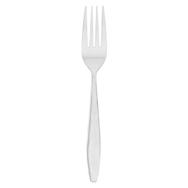 A silver Walco dinner fork with a white background.