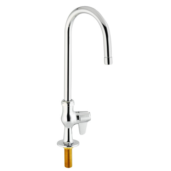 A silver deck-mounted Equip by T&S faucet with a gold lever handle.