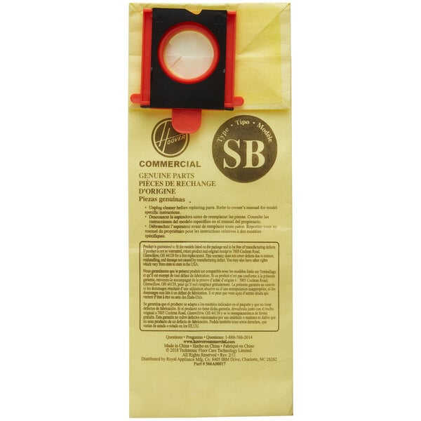 A yellow vacuum bag with a black circle and white letters reading "Type SB"