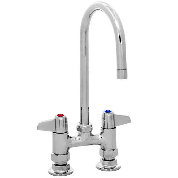 A chrome Equip by T&S deck-mounted faucet with two lever handles and a gooseneck spout.