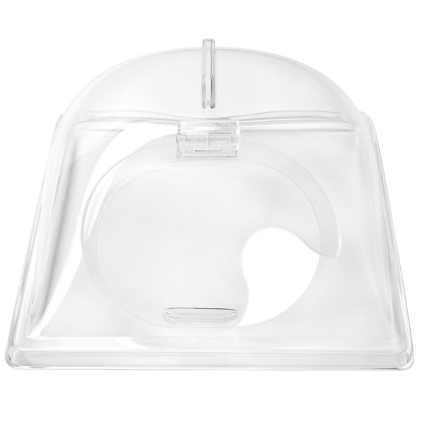 A clear plastic rectangular end cut display dome with a hole in it.