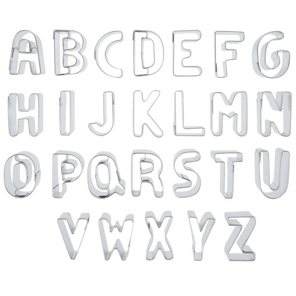 A 26-piece set of stainless steel alphabet and number cutters.