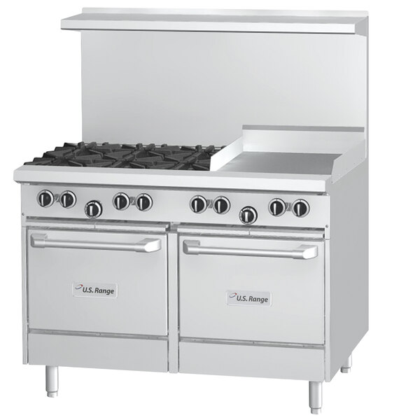 A stainless steel U.S. Range commercial gas range with 6 burners, a 12 inch manual griddle, and a cabinet base.