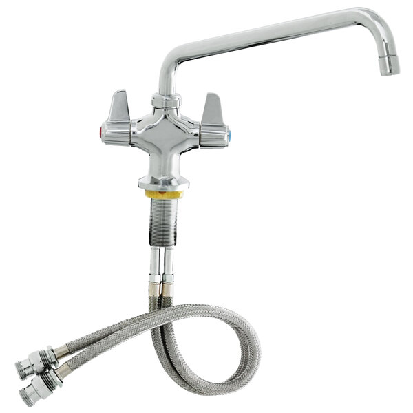 An Equip by T&S chrome deck-mounted faucet with a 12 1/8" swing spout and lever handles.