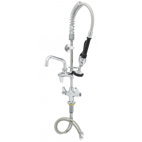 A stainless steel Equip by T&S deck mounted dual-temp pre-rinse faucet with a hose.