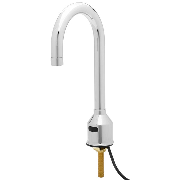 A silver Equip by T&S deck mounted sensor faucet with a gold handle.