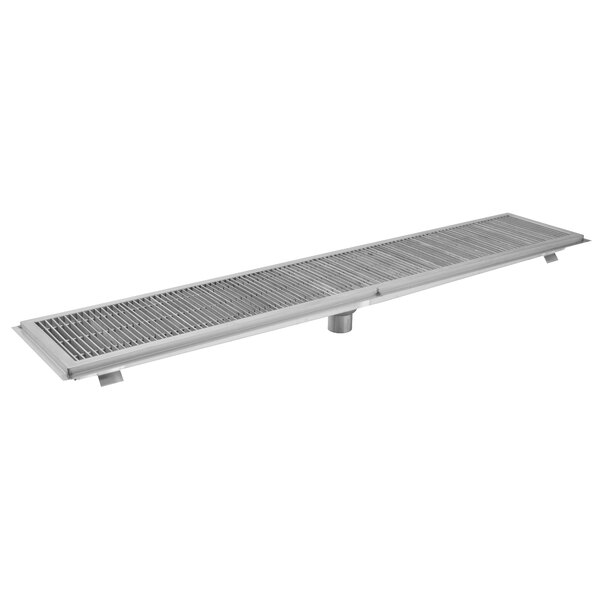 A stainless steel floor trough with a metal grate cover.