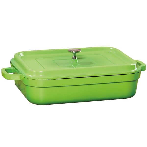 A green rectangular roasting pan with a lid.