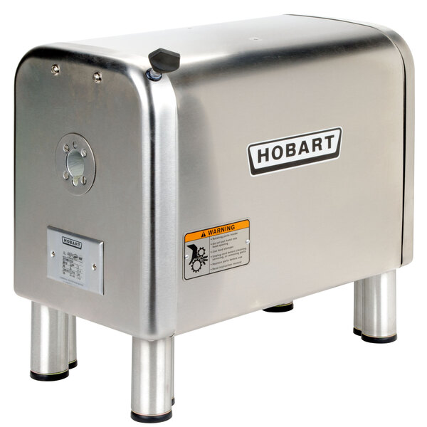 A silver rectangular Hobart meat grinder with black text on the side.