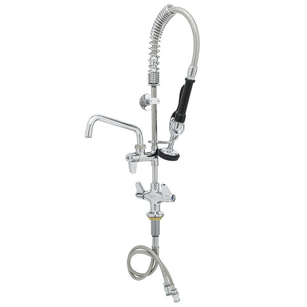 A Equip by T&S deck mounted pre-rinse faucet with hoses and lever handles.