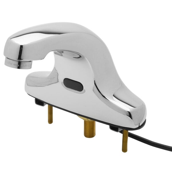 A chrome Equip by T&S hands-free sensor faucet with a gold handle.
