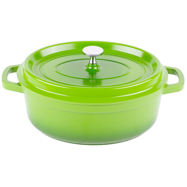 A green GET Heiss oval Dutch oven with a lid.