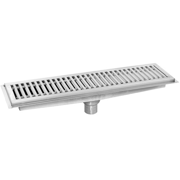 A silver Eagle Group floor trough with a stainless steel grating cover.