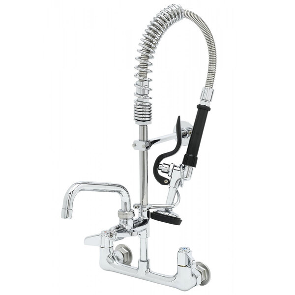 A chrome Equip by T&S wall mounted pre-rinse faucet with a hose and lever handles.