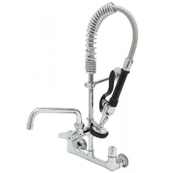 A chrome Equip by T&S wall mounted dual-temp pre-rinse faucet with a hose attached to it.