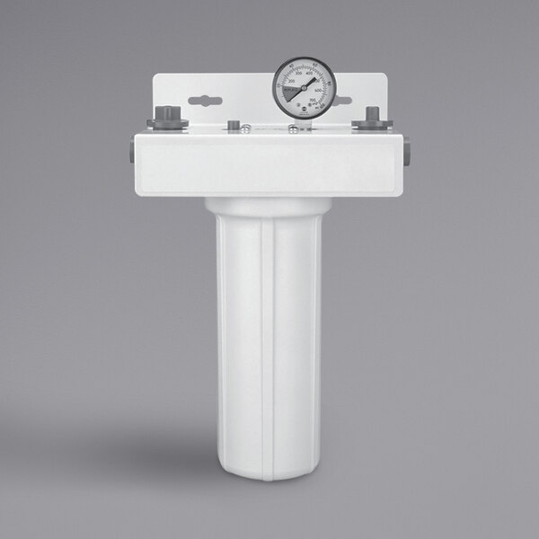 A white Everpure water filter housing with a gauge.