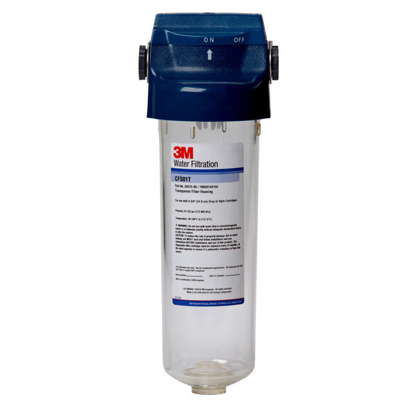A 3M water filter with a transparent sump and blue lid.