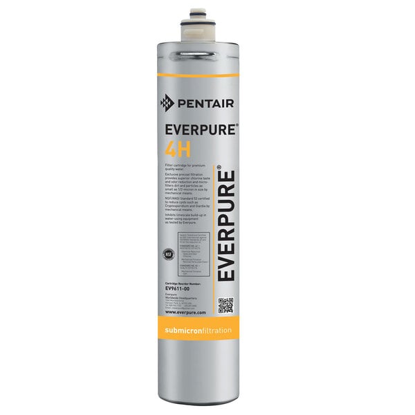 An Everpure EV961100 water filter cartridge with a yellow label on a grey cylinder.