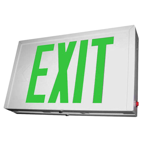 A white exit sign with green text on a white background.