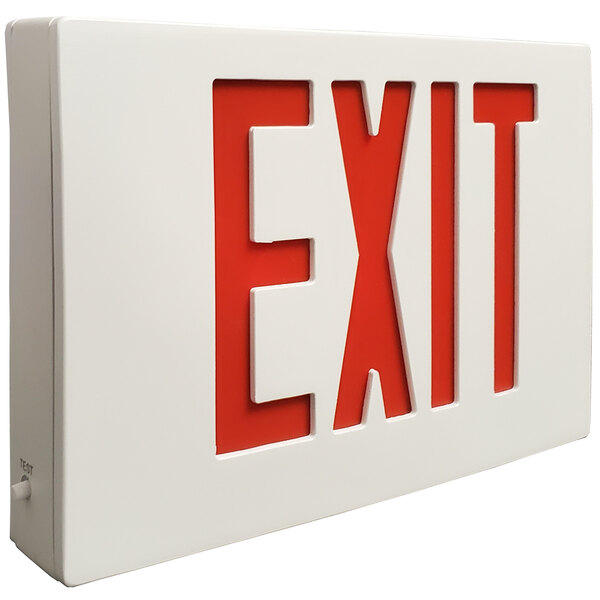 A white rectangular exit sign with red lettering.