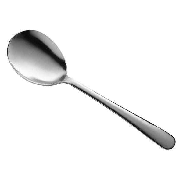 A Libbey Windsor stainless steel round bowl soup spoon with a silver handle on a white background.