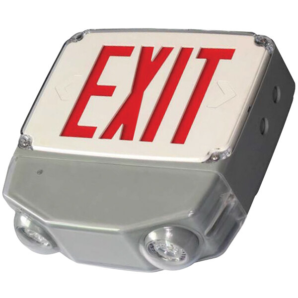 A close up of a white Lavex LED exit sign with red lettering.