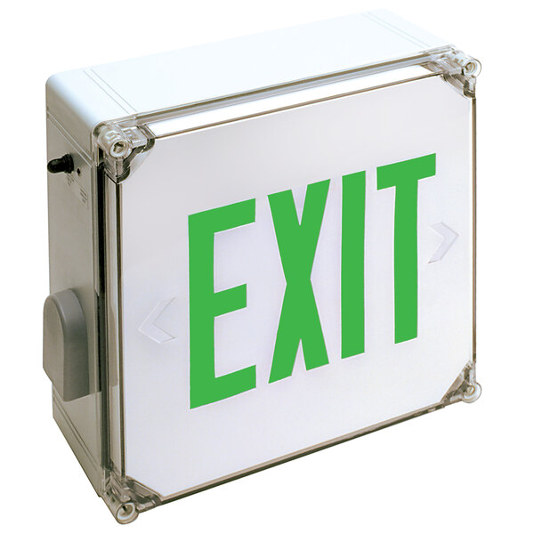 A white box with green text that says "EXIT" and "Lavex Single Face Wet Location Ready White LED Exit Sign"