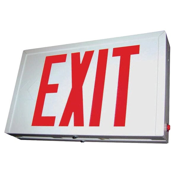 A white steel Lavex LED exit sign with red lettering.